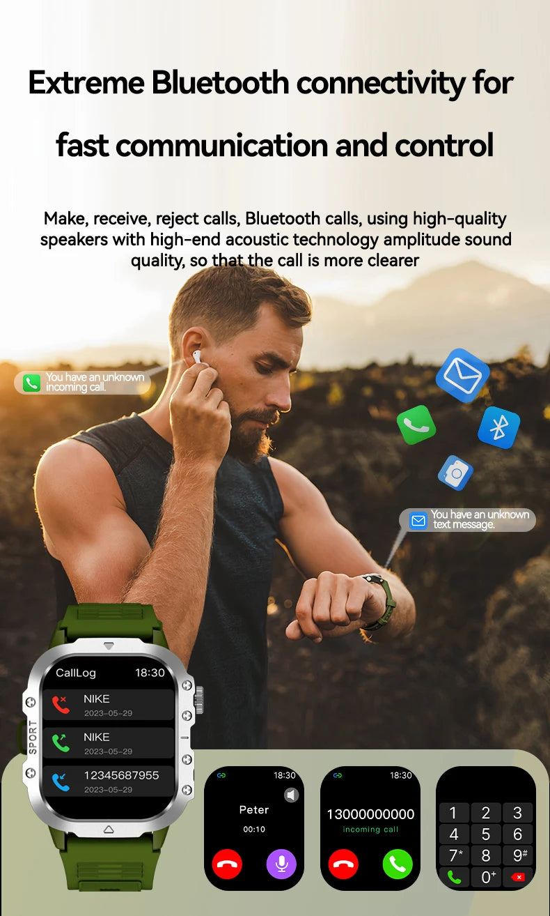 LAXASFIT Outdoor Smart Watch 2025 – 2.01" HD Screen, LED Flashlight, Bluetooth Voice Call