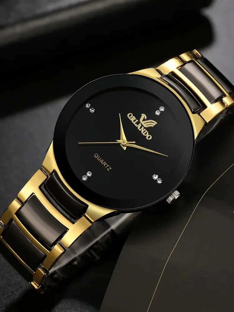 Men's black dial steel quartz business watch with minimalist design, featuring a sleek black strap and silver-tone case.