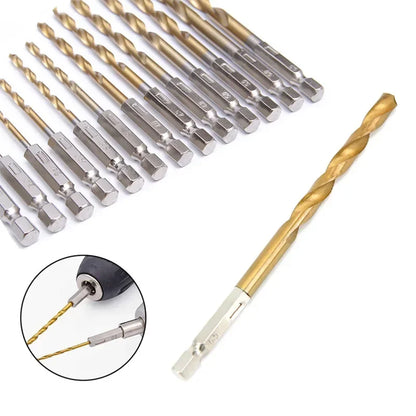 13/16-Piece HSS Titanium Coated Drill Bit Set – 1/4" Hex Shank 1.5–6.5mm