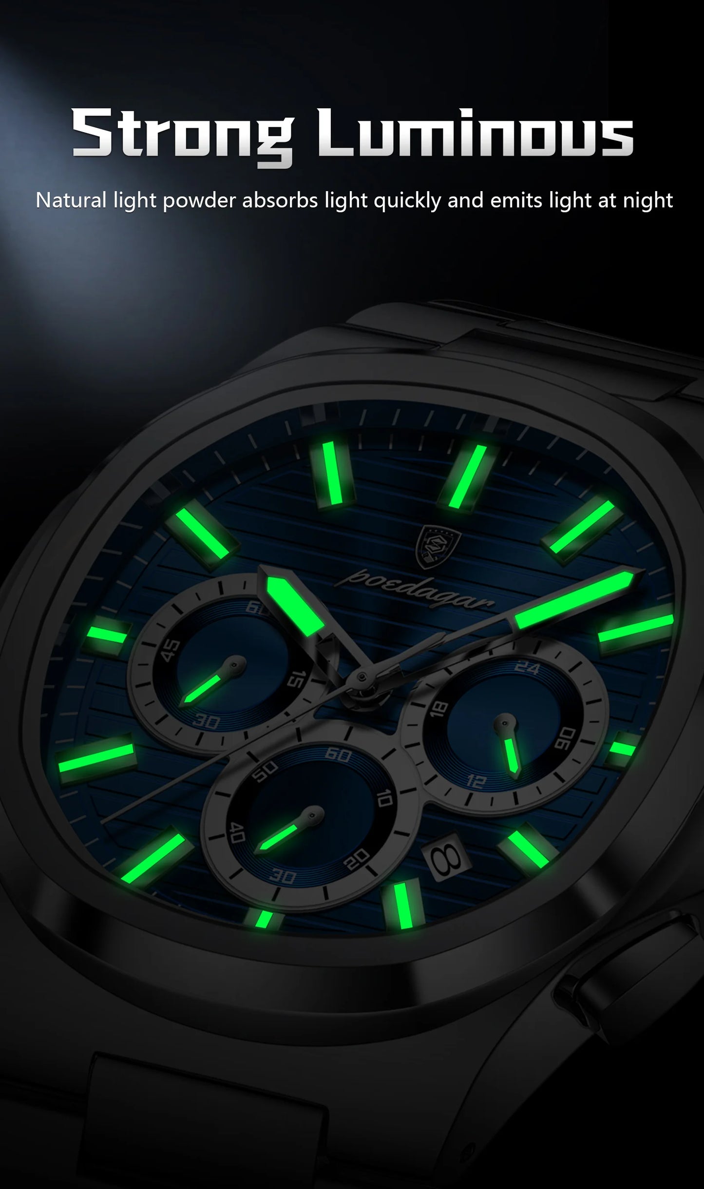 POEDAGAR Men's Luxury Chronograph Watch – Stainless Steel, Waterproof, Luminous, Date