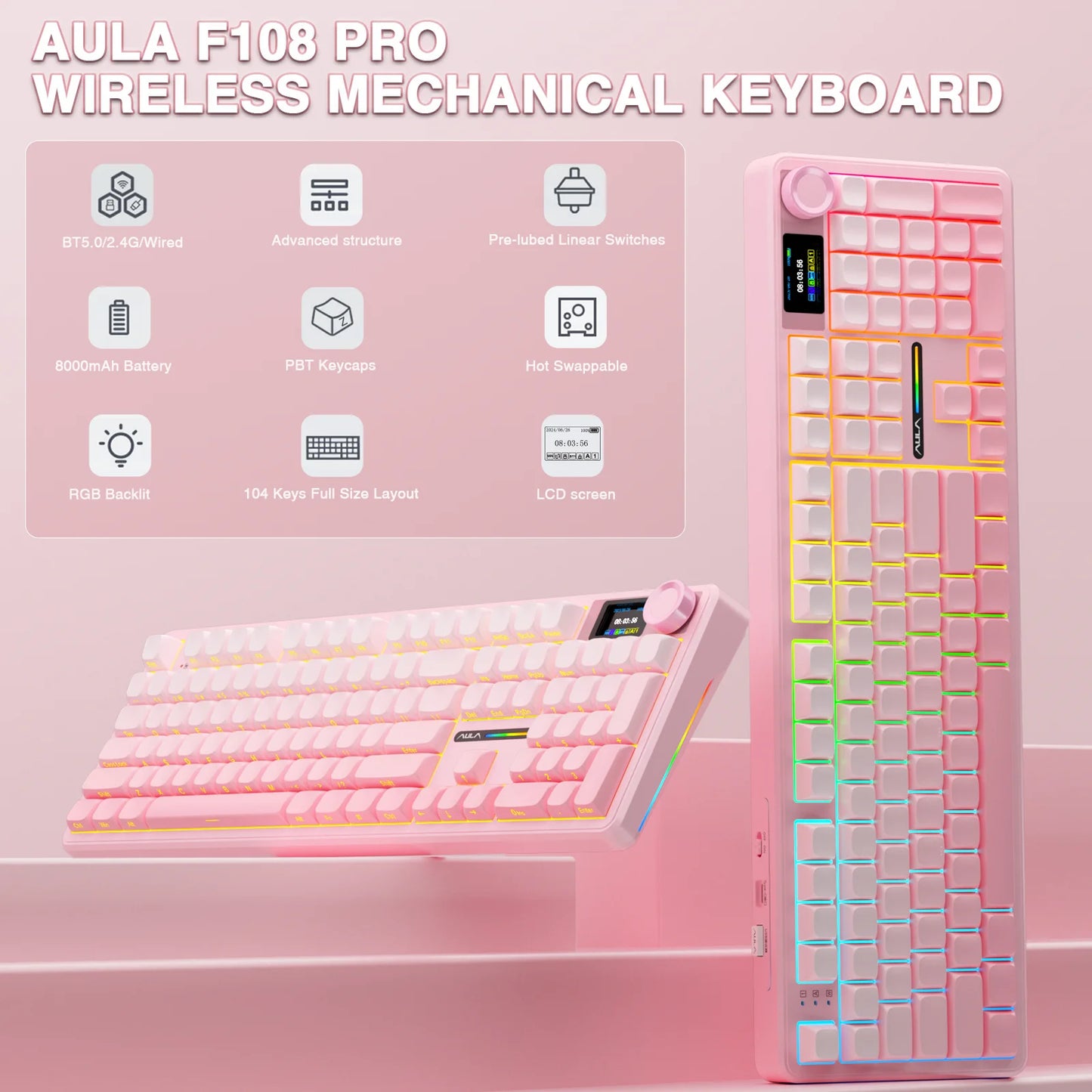 AULA F108 Pro Wireless Gaming Keyboard – Gasket, Hot-Swap, TFT Display