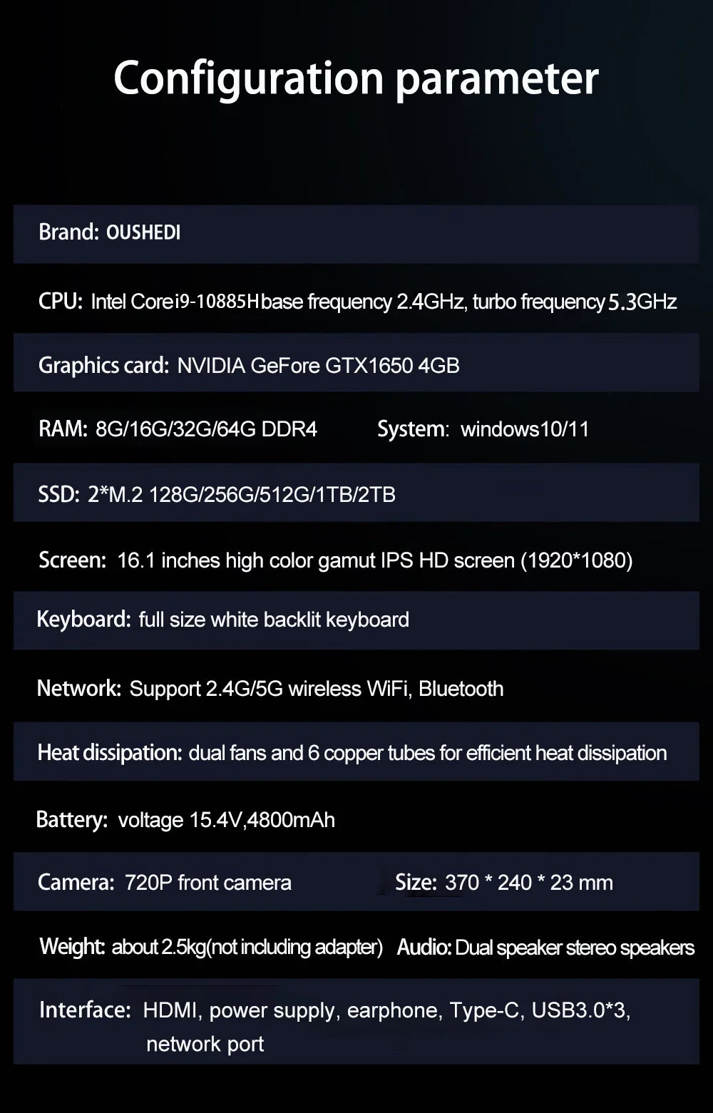 16.1" Gaming Laptop | Intel i9-10885H / i7-8750H | NVIDIA GTX1650 4GB | Up to 64GB DDR4 | 144Hz IPS | Win 11