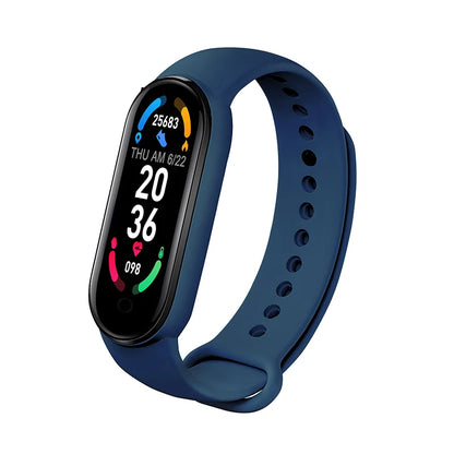 R.E.D. Shopping M6 Smart Fitness Bracelet showing heart rate monitor, sleep tracking, and waterproof design on a wrist.