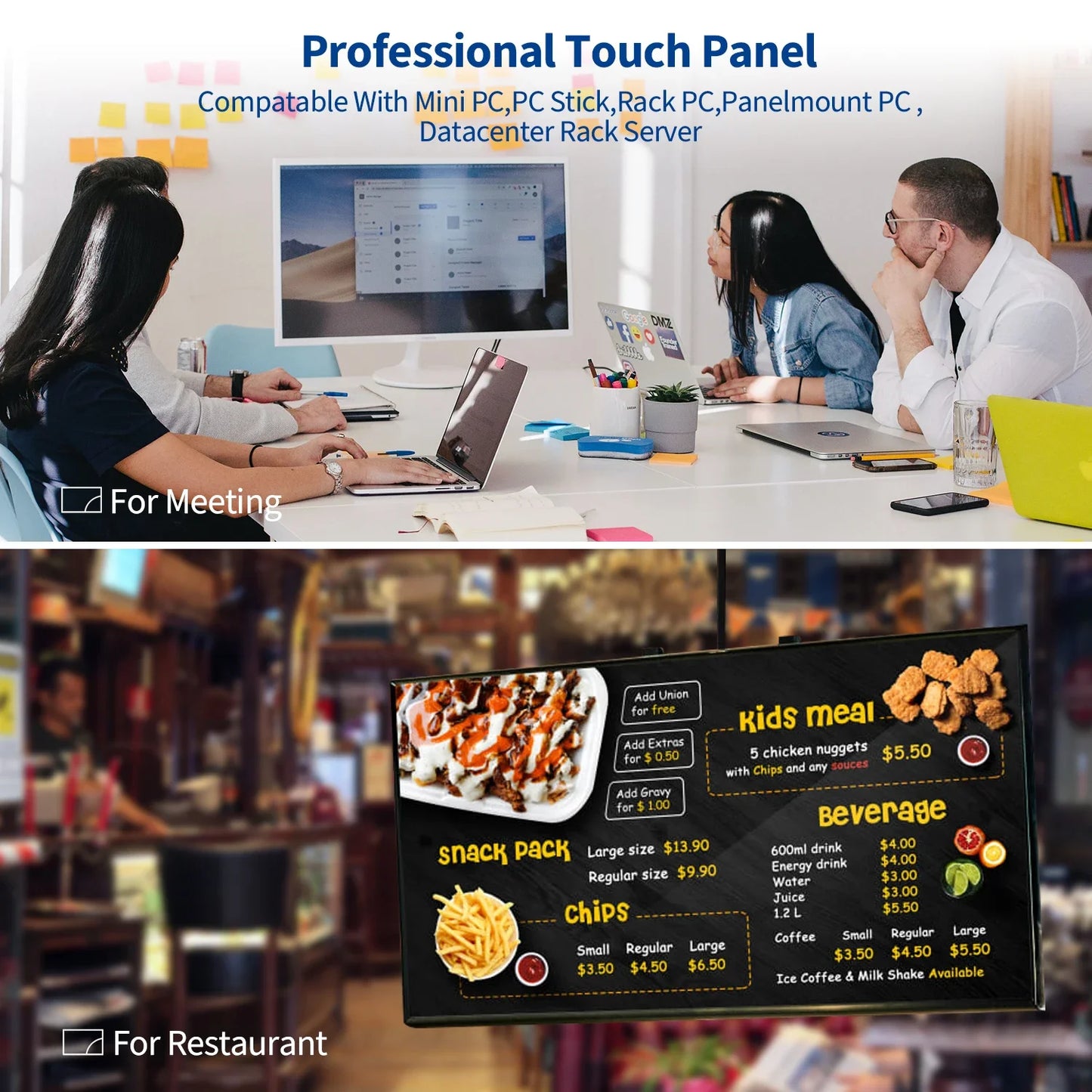 8-inch to 43-inch R.E.D. Shopping wall mount PCAP multi-touch all-in-one PC display showing a sleek interactive touchscreen interface.