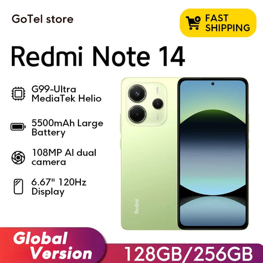 Xiaomi Redmi Note 14 smartphone with 108MP camera, MediaTek Helio G99 processor, and 120Hz display, shown in a sleek design.