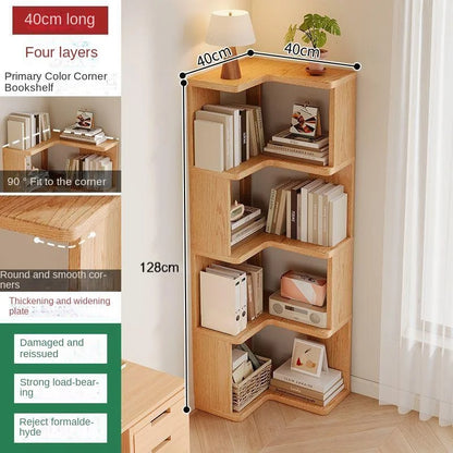 Solid wood corner bookshelf by R.E.D. Shopping featuring multiple shelves for stylish home storage in living room corners.