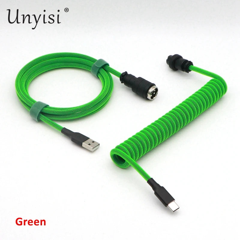 Handmade paracord and PET coiled USB-A to USB-C cable with GX16 aviator connector for mechanical keyboards, crafted by R.E.D. Shopping