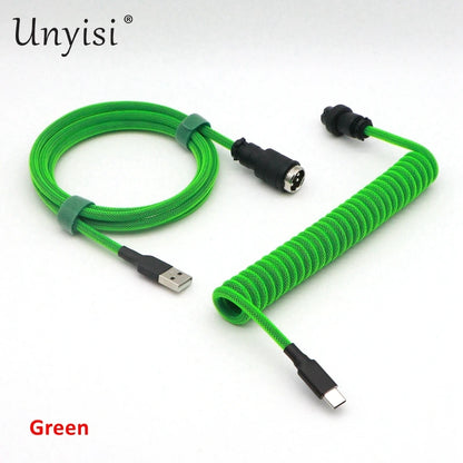 Handmade paracord and PET coiled USB-A to USB-C cable with GX16 aviator connector for mechanical keyboards, crafted by R.E.D. Shopping