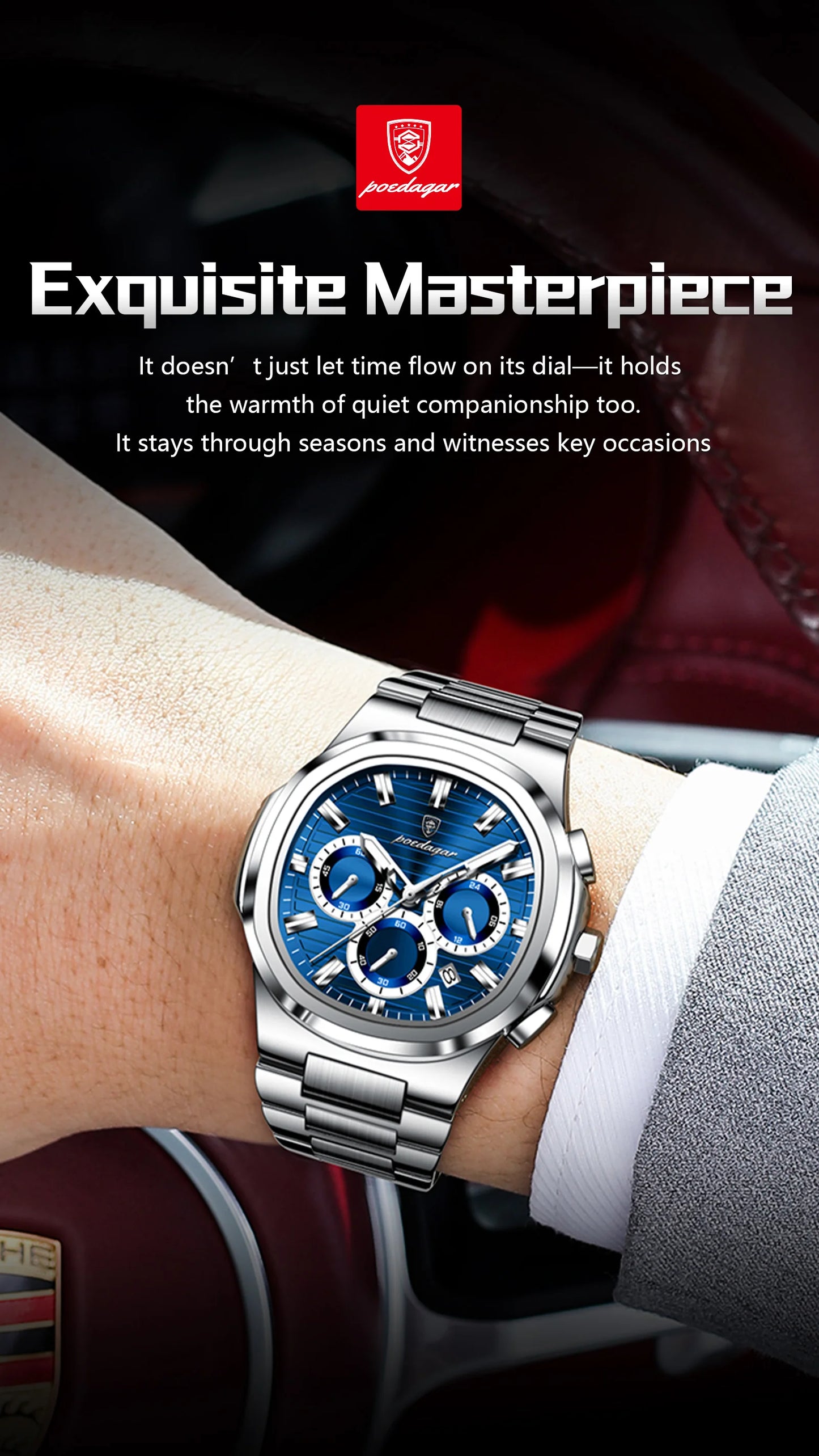 POEDAGAR Men's Luxury Chronograph Watch – Stainless Steel, Waterproof, Luminous, Date