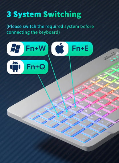 Wireless Bluetooth Keyboard with Rainbow Backlit – Tablet, iPad, Phone, Android, iOS, Windows