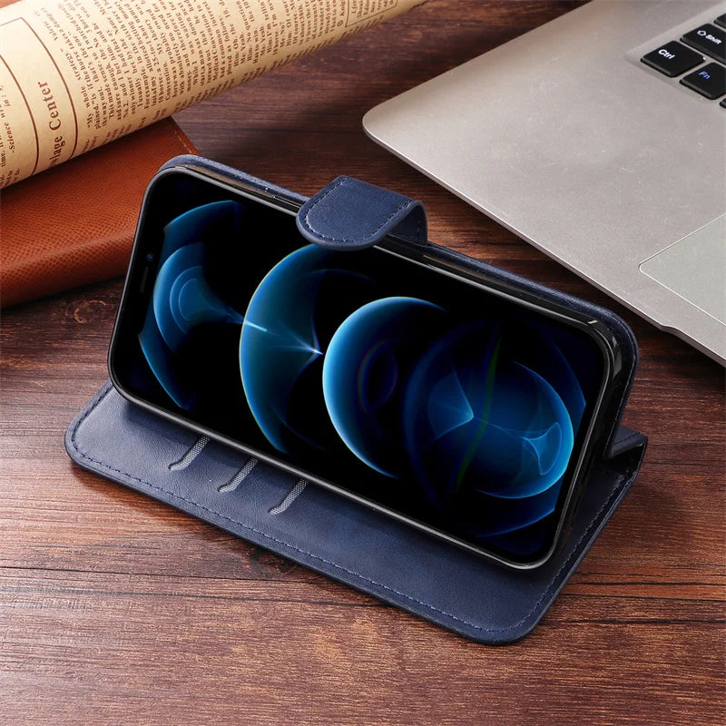 R.E.D. Shopping iPhone 16 Plus zipper wallet case with leather cover, card slots, and magnetic stand, shown on a smartphone.