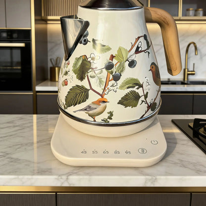 Retro Decal Electric Kettle – 1.7L, 304 Stainless Steel, Temperature Control, Wood Grain Handle