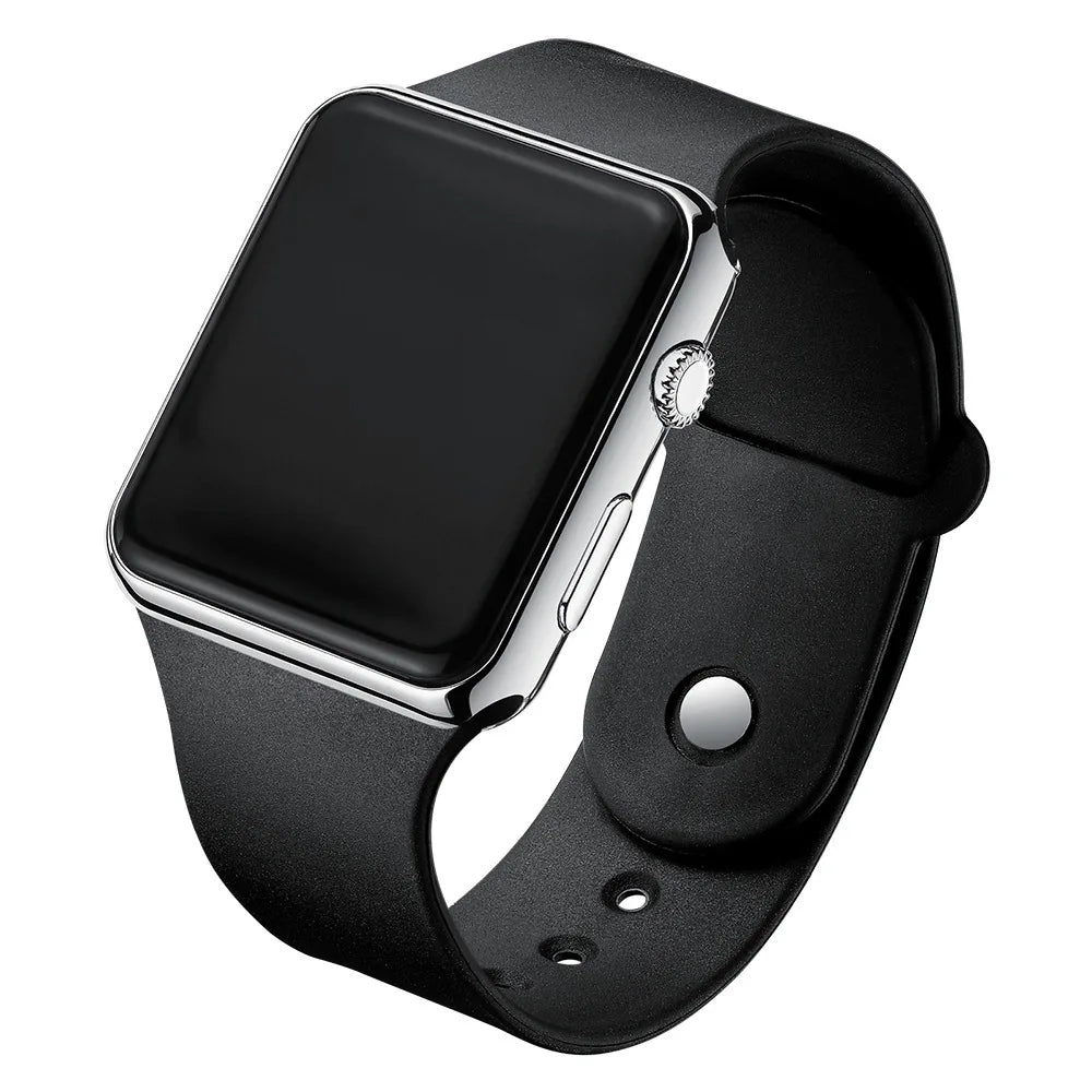 Digital LED watch with sport silicone wristband, stylish R.E.D. Shopping accessory for casual wear and active lifestyles.
