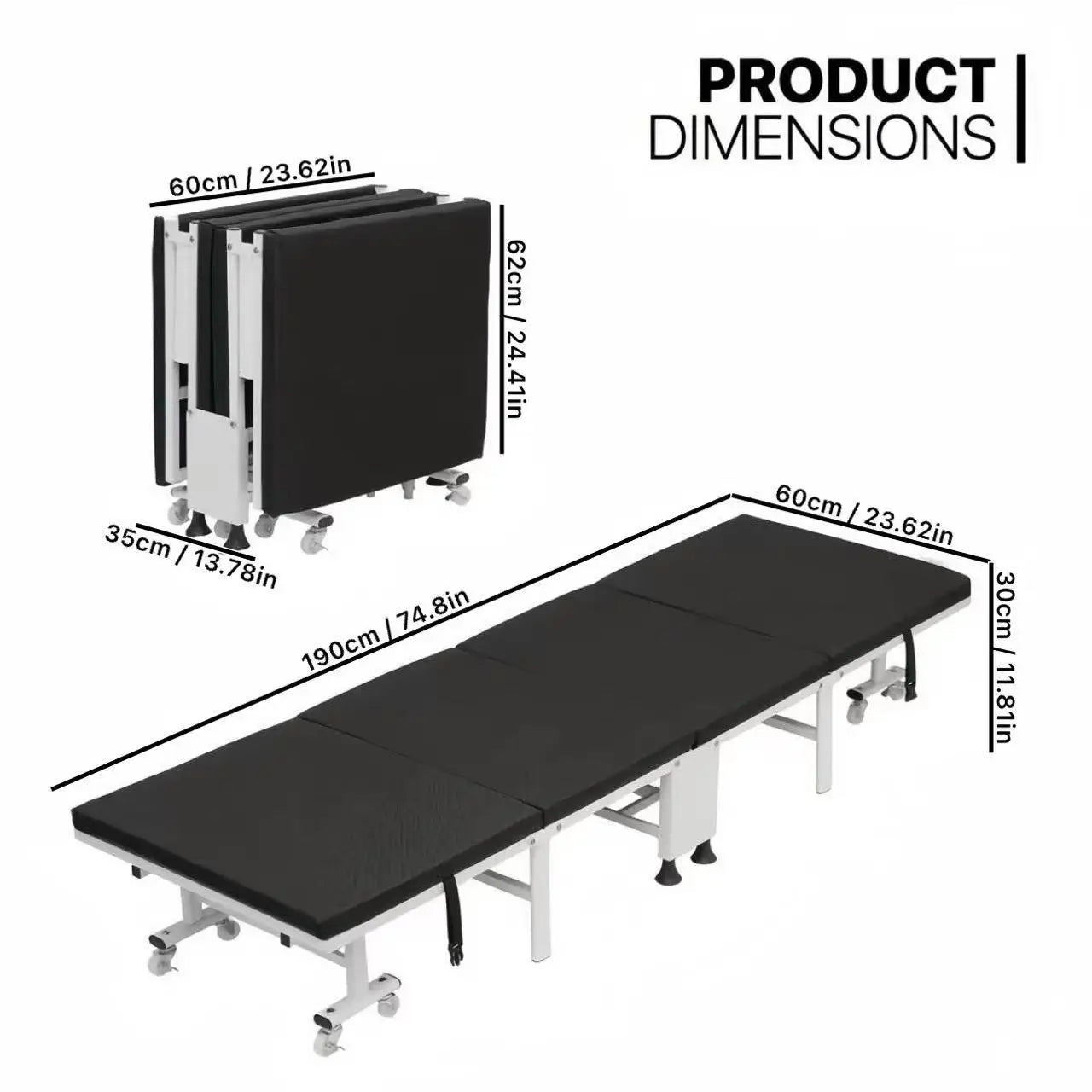 Heavy-duty folding bed with steel frame and lockable casters, available in 60, 70, 80, and 90cm sizes, by R.E.D. Shopping.