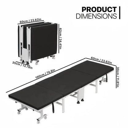 Heavy-duty folding bed with steel frame and lockable casters, available in 60, 70, 80, and 90cm sizes, by R.E.D. Shopping.