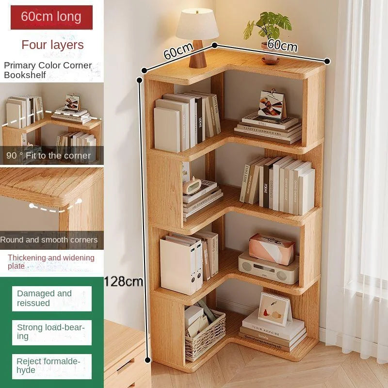 Solid wood corner bookshelf rack with multiple shelves for home living room storage, showcasing a simple, elegant design.