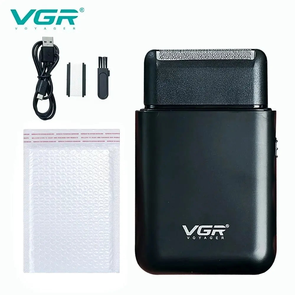 VGR electric shaver for men, portable USB rechargeable beard trimmer with compact design and multiple grooming features.