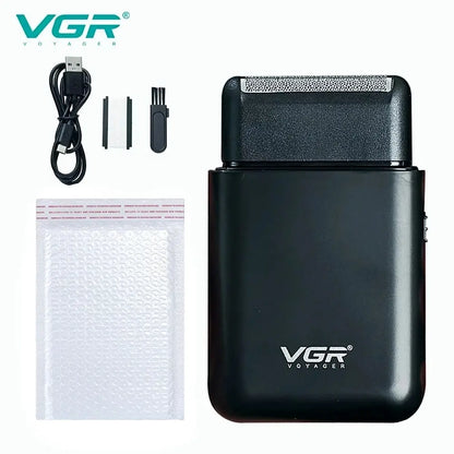 VGR electric shaver for men, portable USB rechargeable beard trimmer with compact design and multiple grooming features.