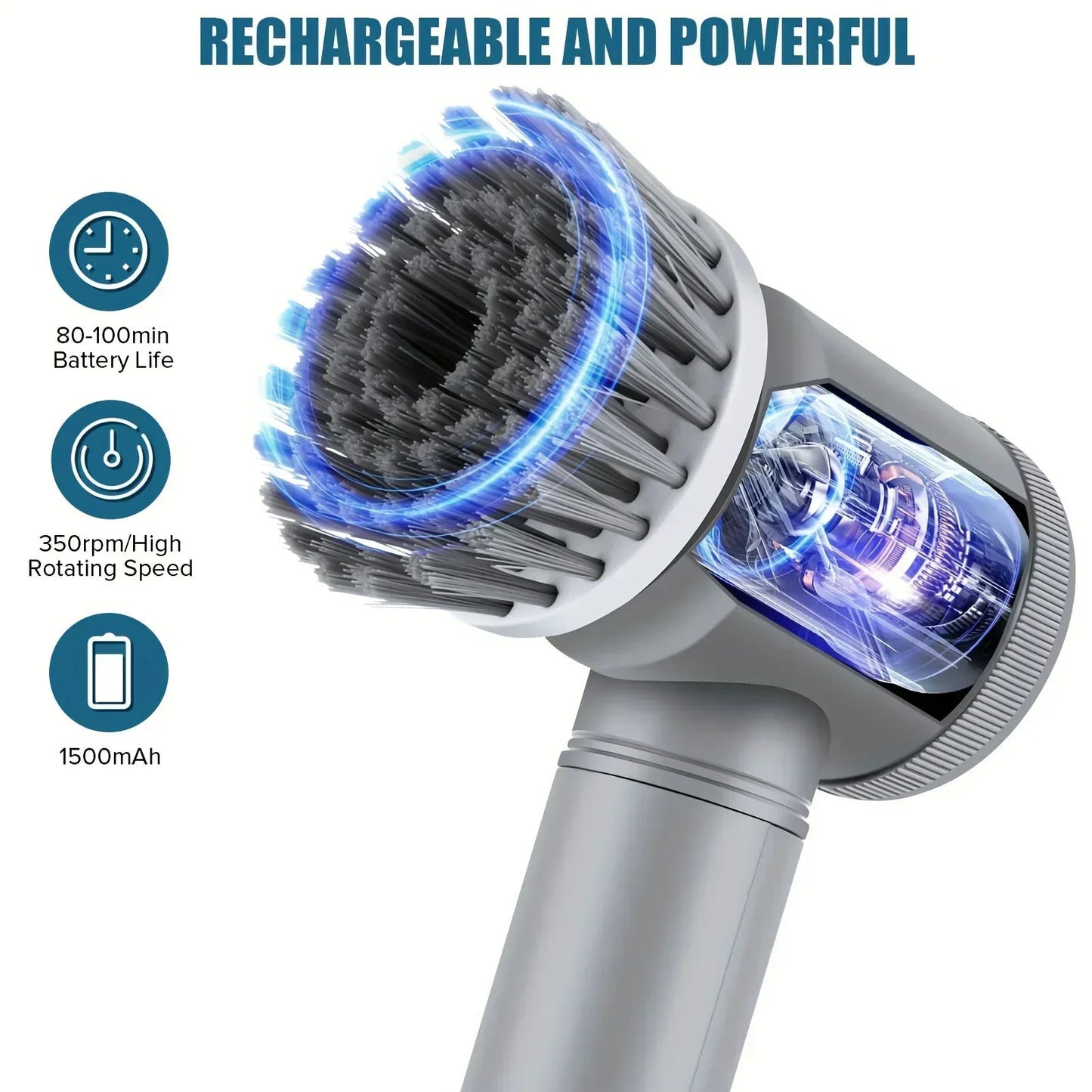 Cordless electric spin scrubber from R.E.D. Shopping with five replaceable cleaning heads for bathroom and household cleaning.