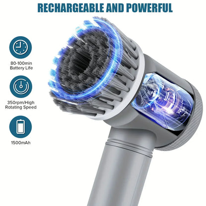 Cordless electric spin scrubber from R.E.D. Shopping with five replaceable cleaning heads for bathroom and household cleaning.