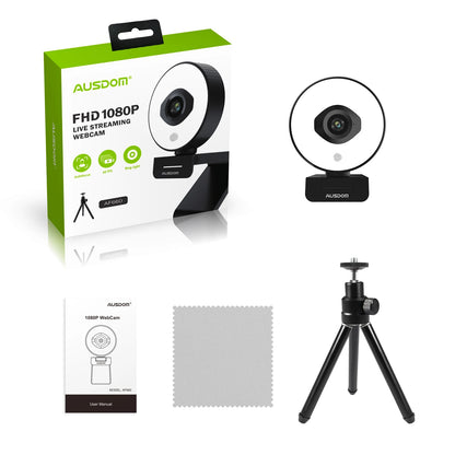AUSDOM AF668 FHD 1080P 60FPS Webcam – Autofocus, Ring Light, Free Tripod