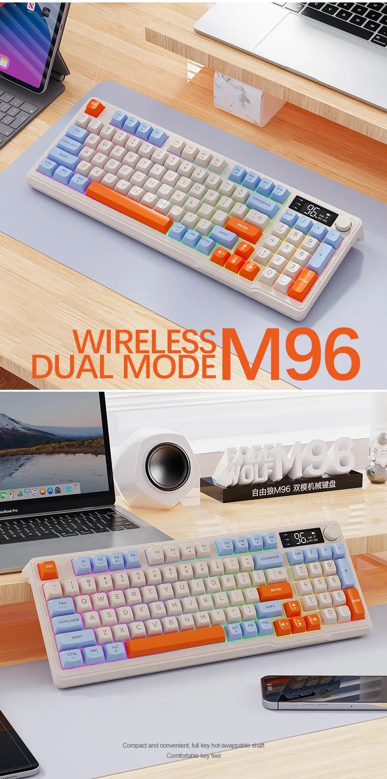 Free Wolf M96 Wireless Bluetooth Keyboard – 94 Key, Multimedia Knob, RGB, Battery Display