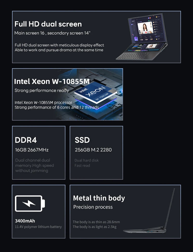 BYONE Dual Screen Gaming Laptop — Intel 10th Gen, Up to 64GB DDR4, Up to 4TB SSD, Windows 11, Touch Display