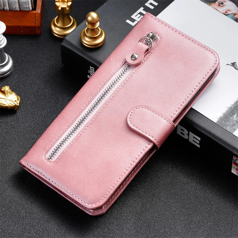 Leather iPhone 16 Plus zipper wallet case with card slots and magnetic stand, offering stylish protection for mobile phones.