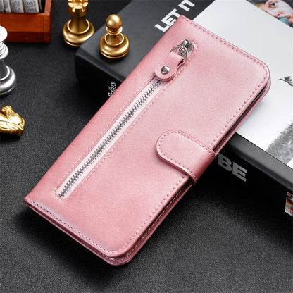 Leather iPhone 16 Plus zipper wallet case with card slots and magnetic stand, offering stylish protection for mobile phones.