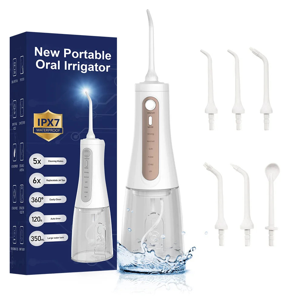 Oral Irrigator Water Dental Flosser – 350ml, 5 Modes, IPX7, 6 Nozzles, Rechargeable