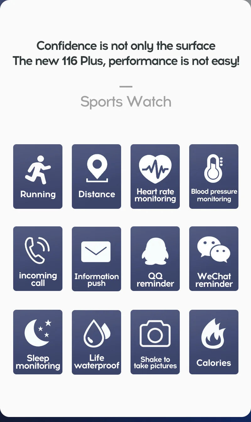 R.E.D. Shopping 116Plus Smart Watch with full touch screen, waterproof IP67 fitness tracker, black band, digital display