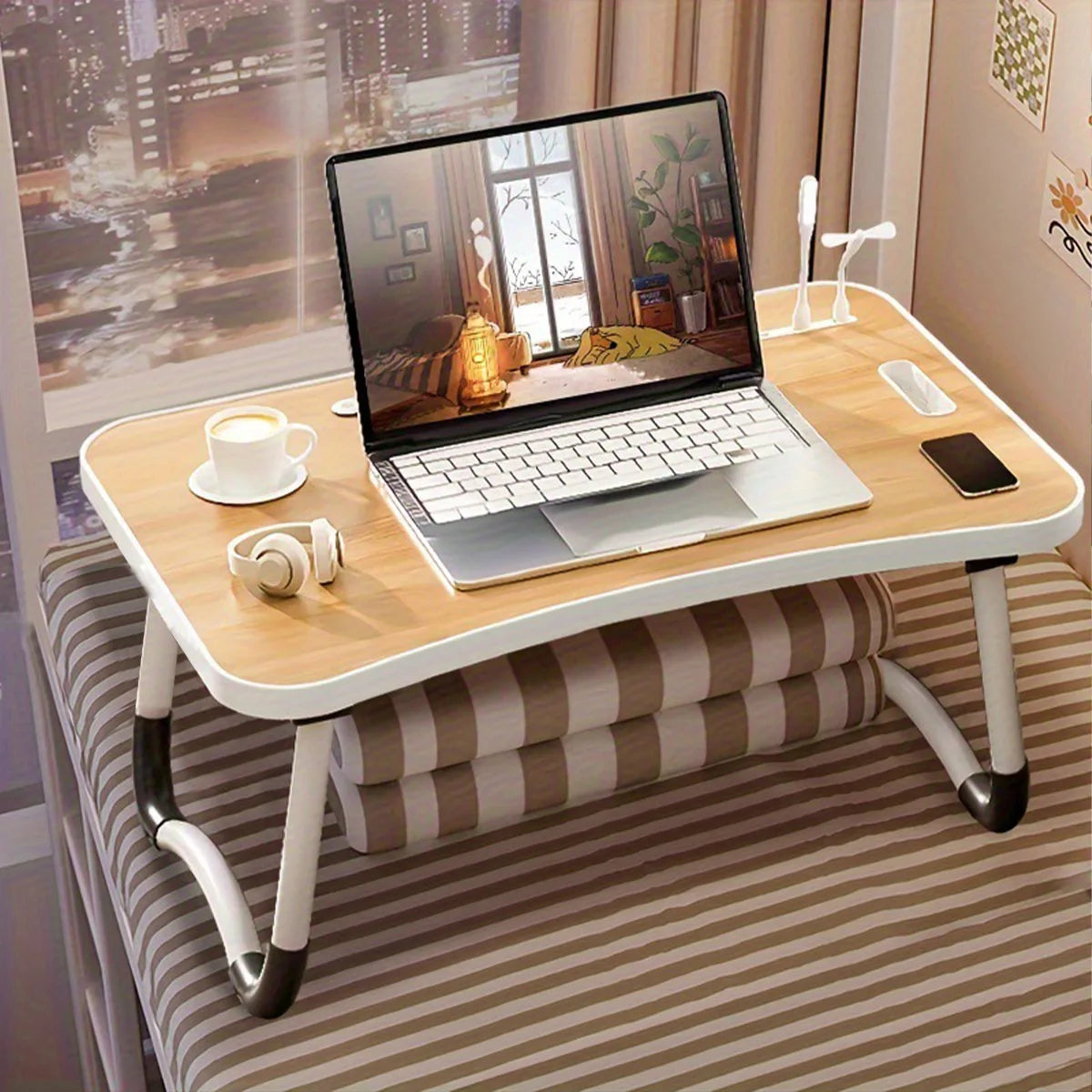 Portable Laptop Desk with USB Light & Fan – Foldable Adjustable Table for Bed & Sofa