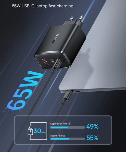 Baseus 65W GaN USB-C Charger | QC + PD Fast Charging for iPhone 17/16/15, Xiaomi & Laptops