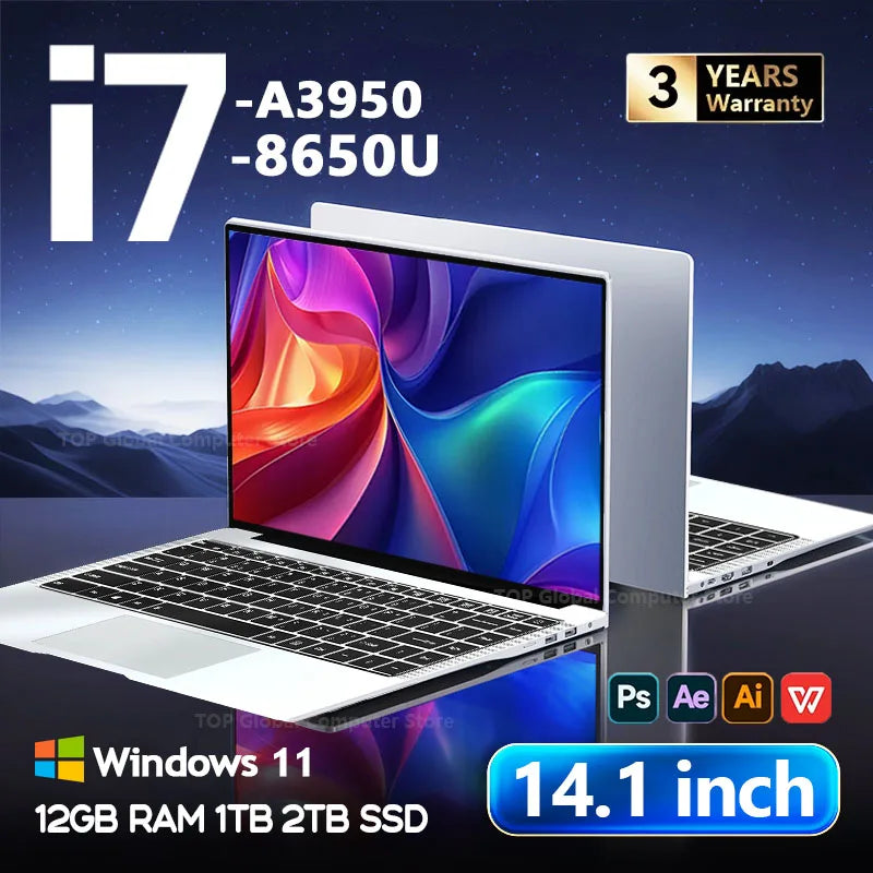 14.1" Portable Laptop – Intel Core i7-8650U or Atom A3950, 12GB RAM, up to 2TB SSD, 4K HD | Windows 11 Office