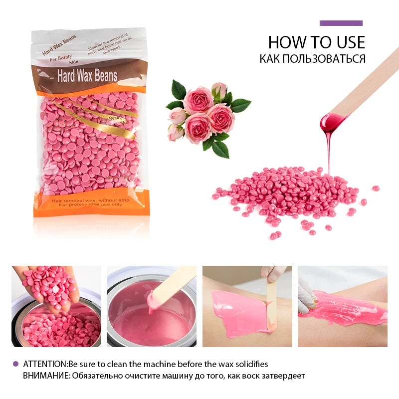 Professional R.E.D. Shopping hard wax beans for hair removal in 500g, 200g, and 50g packaging, suitable for waxing treatments.