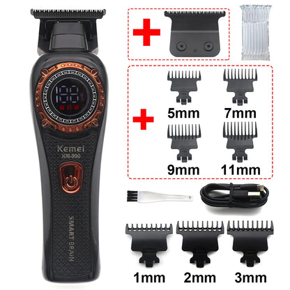 Kemei KM-999 Professional Hair Trimmer – DLC T-Blade, Zero Gap, LED Display, Cordless USB Clipper