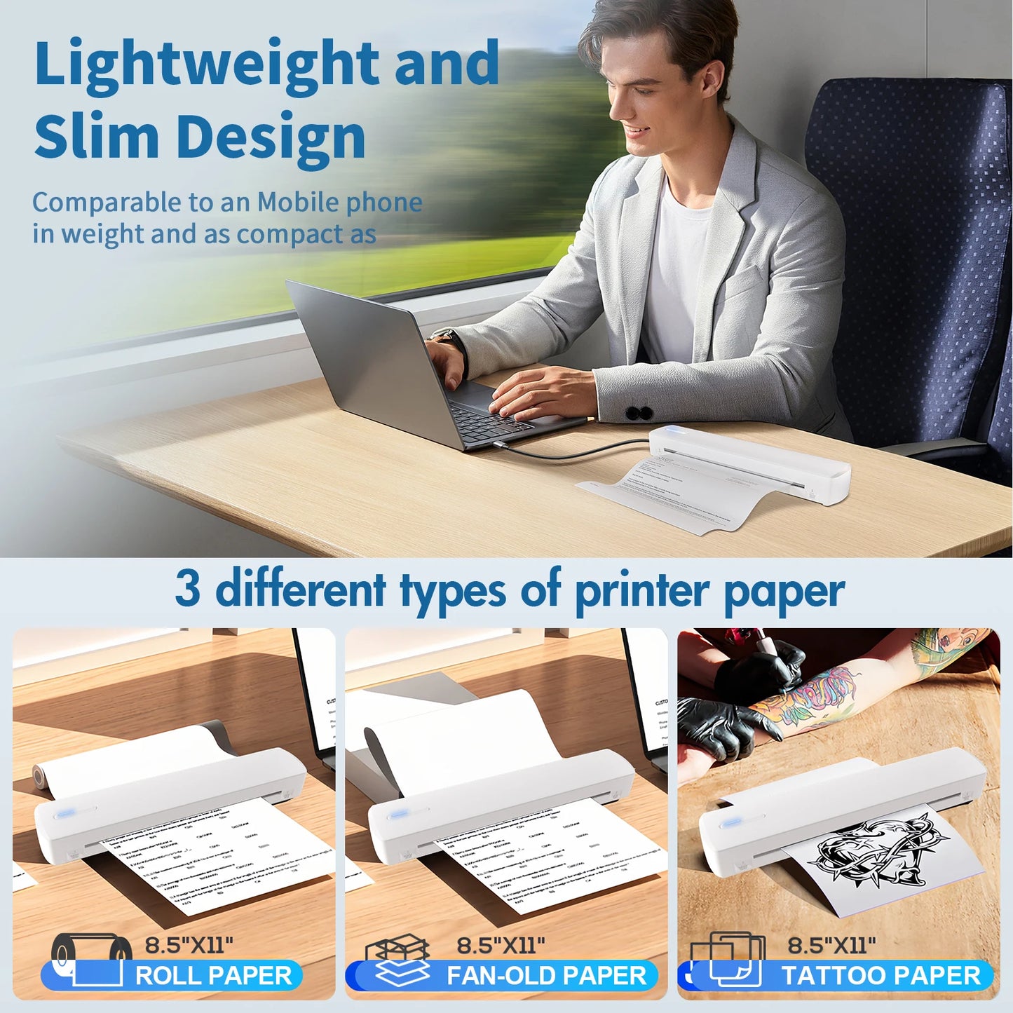Portable A4 Wireless Inkless Thermal Printer – Bluetooth, 300DPI, 20ppm, Android & iOS