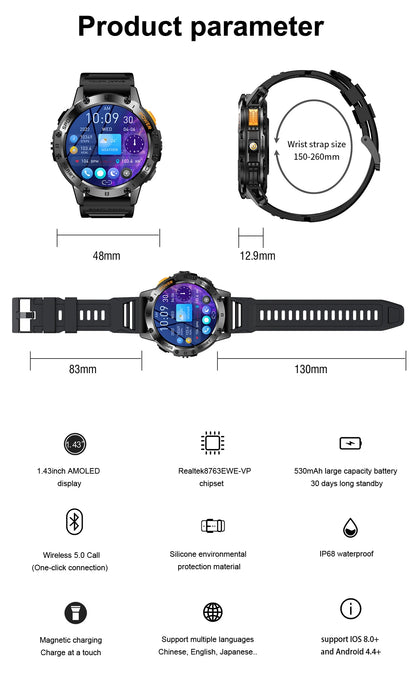 AMOLED Smart Watch for Men – Flashlight, Sports, Waterproof, Bluetooth Call + Box