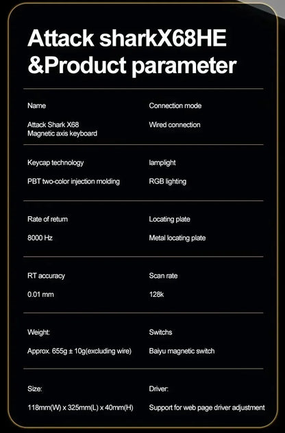 Attack Shark X68 HE Gaming Keyboard – Magnetic Hall Effect, 0.01mm Rapid Trigger, 8000Hz, 68-Key