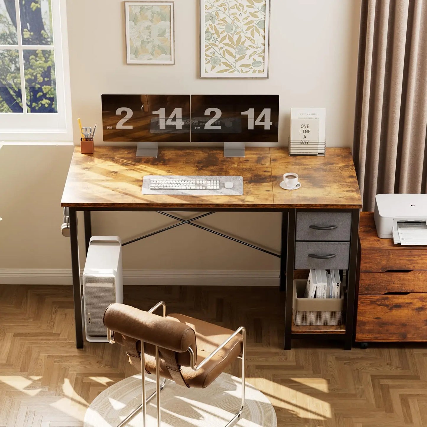 JHK Computer Desk with 2 Fabric Drawers | 40" & 47" Reversible Storage