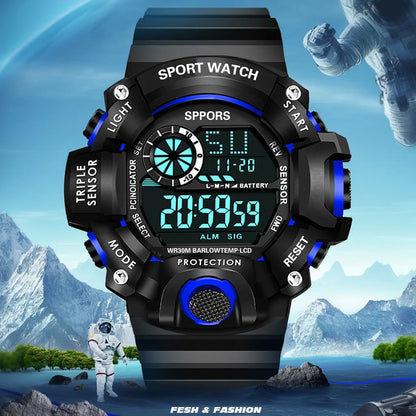Men's sports electronic wristwatch by R.E.D. Shopping with large dial, waterproof design, luminous display, and alarm features.