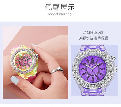 LED Flash Luminous Watch by R.E.D. Shopping featuring rhinestone accents and a silicone wristband for kids and adults