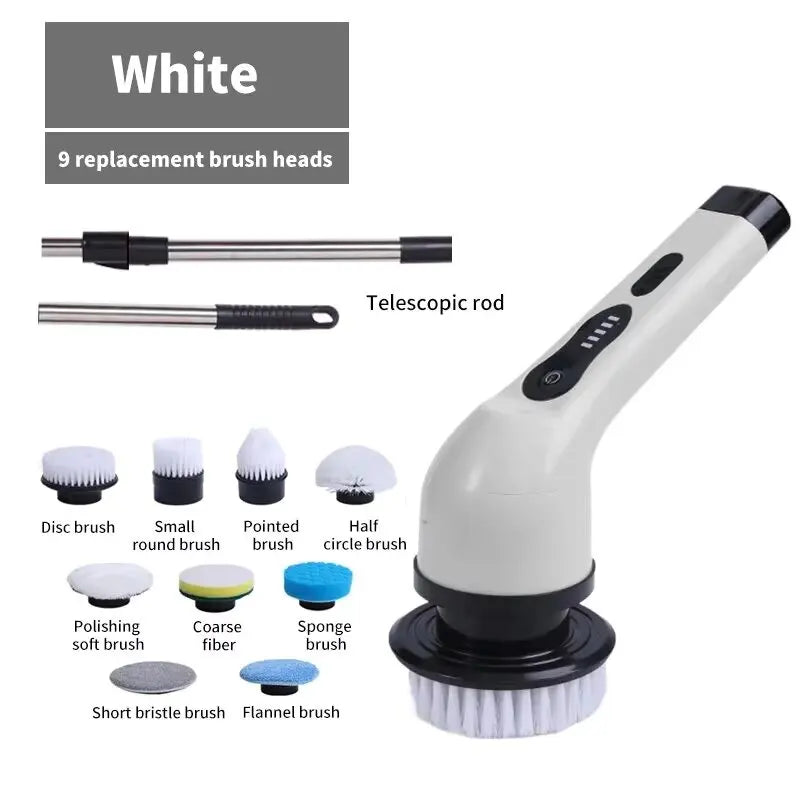 Cordless electric spin scrubber by R.E.D. Shopping with multiple cleaning heads and LED light for versatile home and garden cleaning.