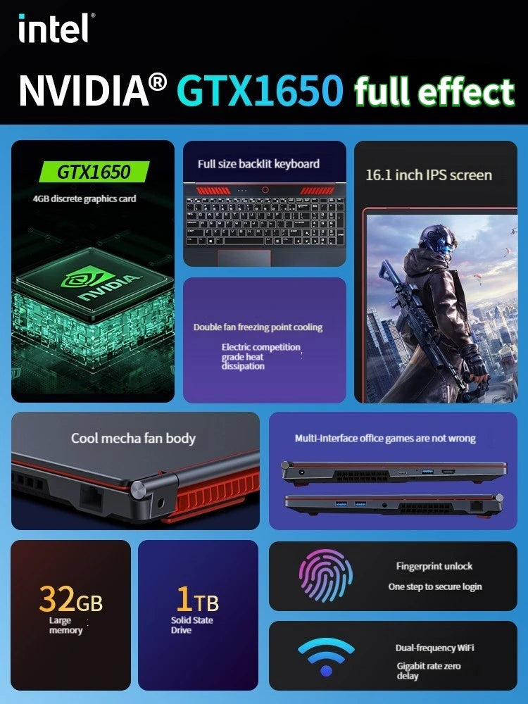 16.1" Gaming Laptop | Intel i9-10885H / i7-8750H | NVIDIA GTX1650 4GB | Up to 64GB DDR4 | 144Hz IPS | Win 11
