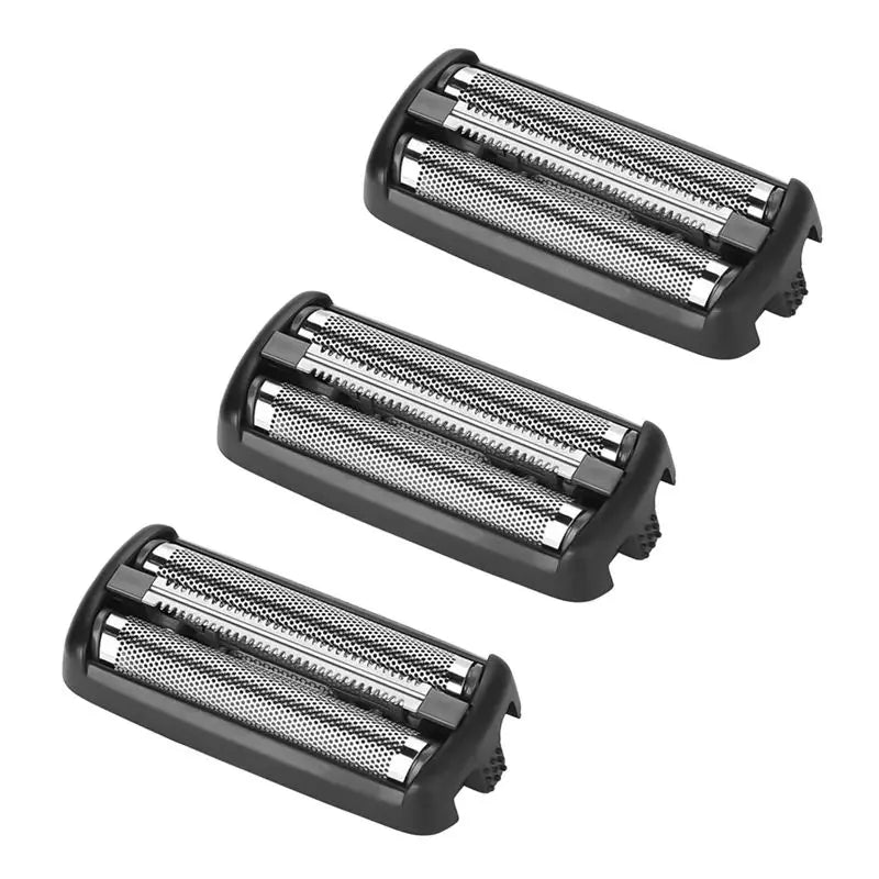 Three replacement shaver blades for SURKER RSCX-9008 razor, R.E.D. Shopping grooming head set, close-up of razor blades.