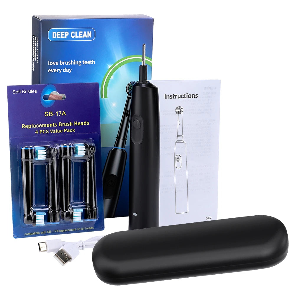 Round Rotating Electric Toothbrush – 5 Modes, 2 Timers, 4 Heads, Teeth Whitening