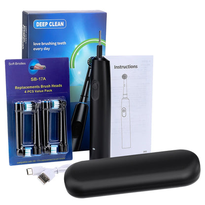 Round Rotating Electric Toothbrush – 5 Modes, 2 Timers, 4 Heads, Teeth Whitening