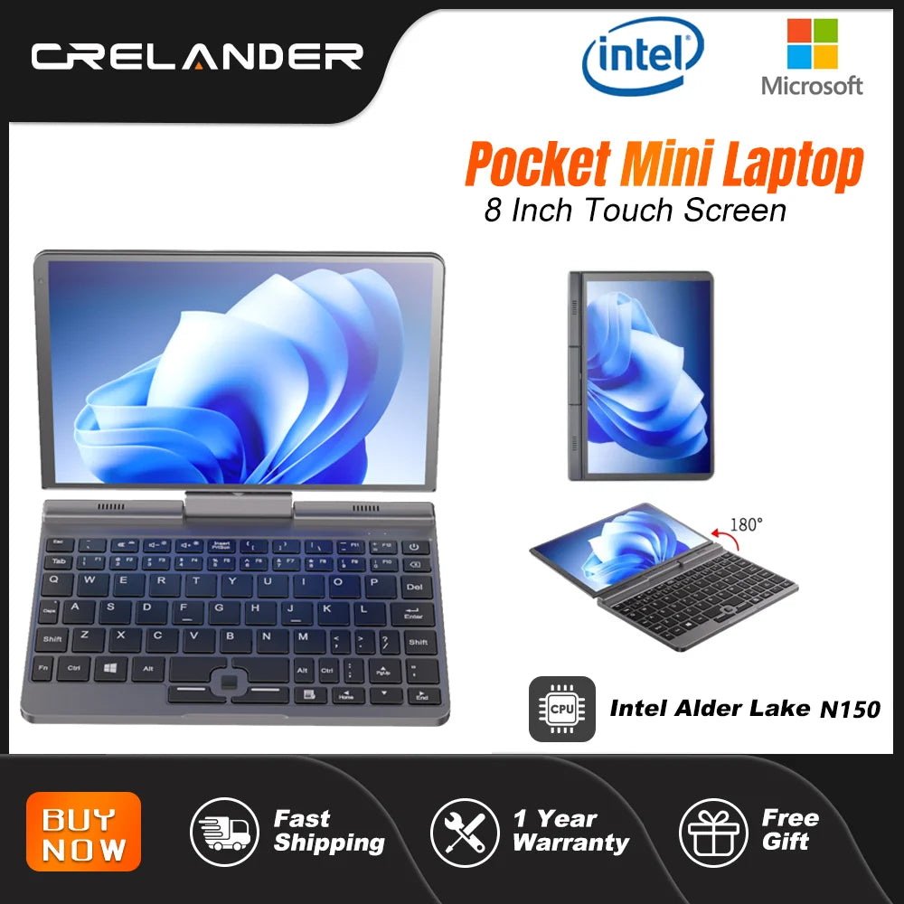 CRELANDER P8 Mini Laptop 8" – 360° Touchscreen, Intel N150, 12GB DDR5, up to 1TB SSD, WiFi 6, Windows 11