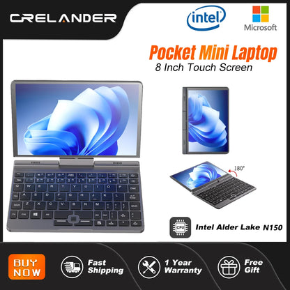 CRELANDER P8 Mini Laptop 8" – 360° Touchscreen, Intel N150, 12GB DDR5, up to 1TB SSD, WiFi 6, Windows 11