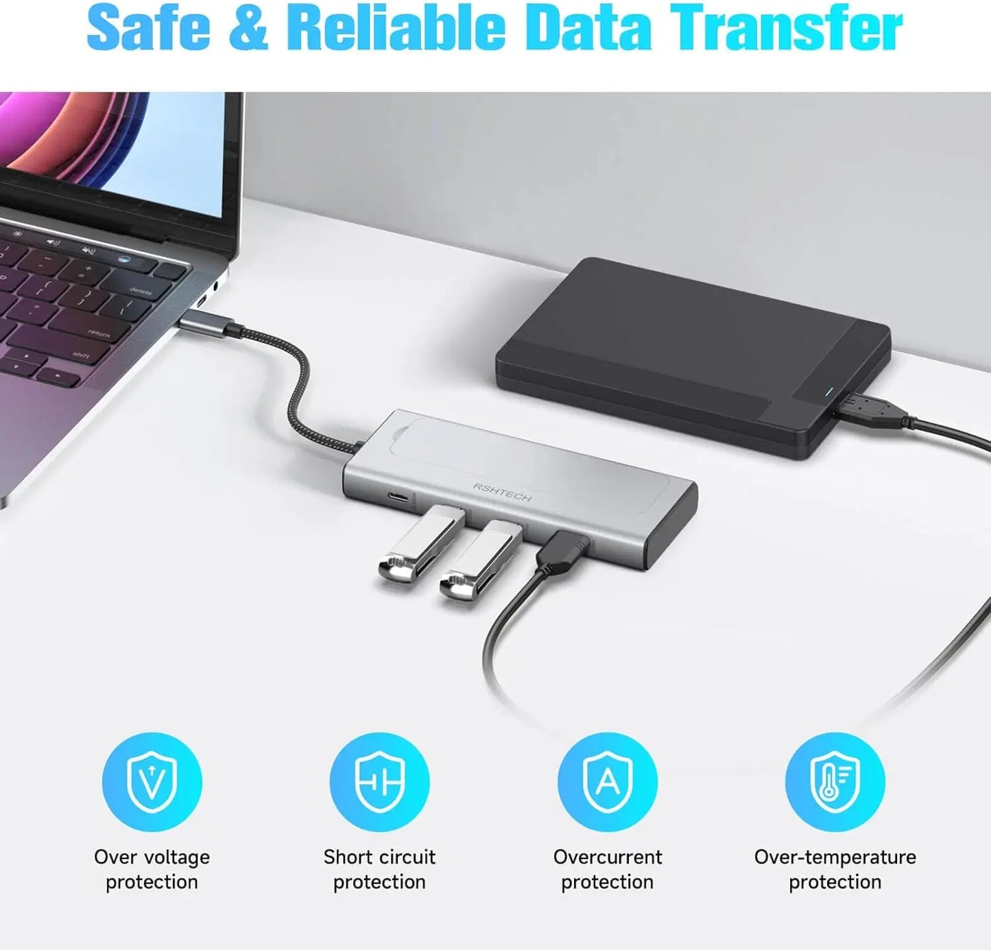 RSHTECH USB-C Hub 5-in-1 with M.2 NVMe/SATA SSD Enclosure – 10Gbps, PD100W, for Laptops (RSH-D05P)
